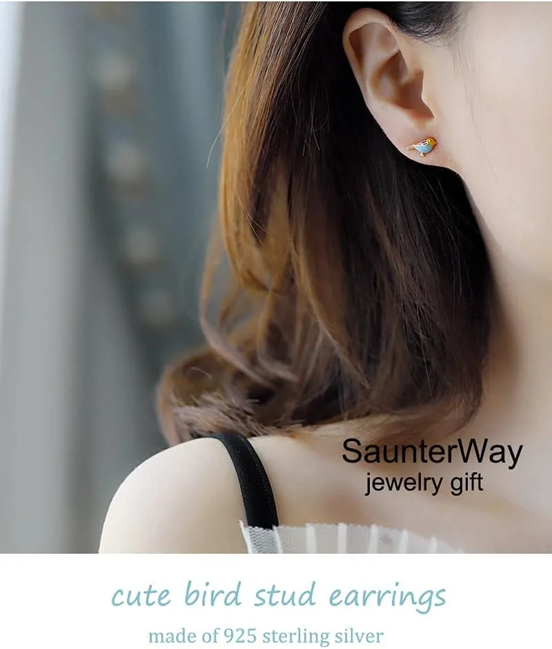 925 Sterling Silver Bird Stud Earrings 18K Gold Plated/White Gold Plated Multi-Color Enamel Bird Earrings Studs Animal Jewelry Gift for Women Hypoallergenic