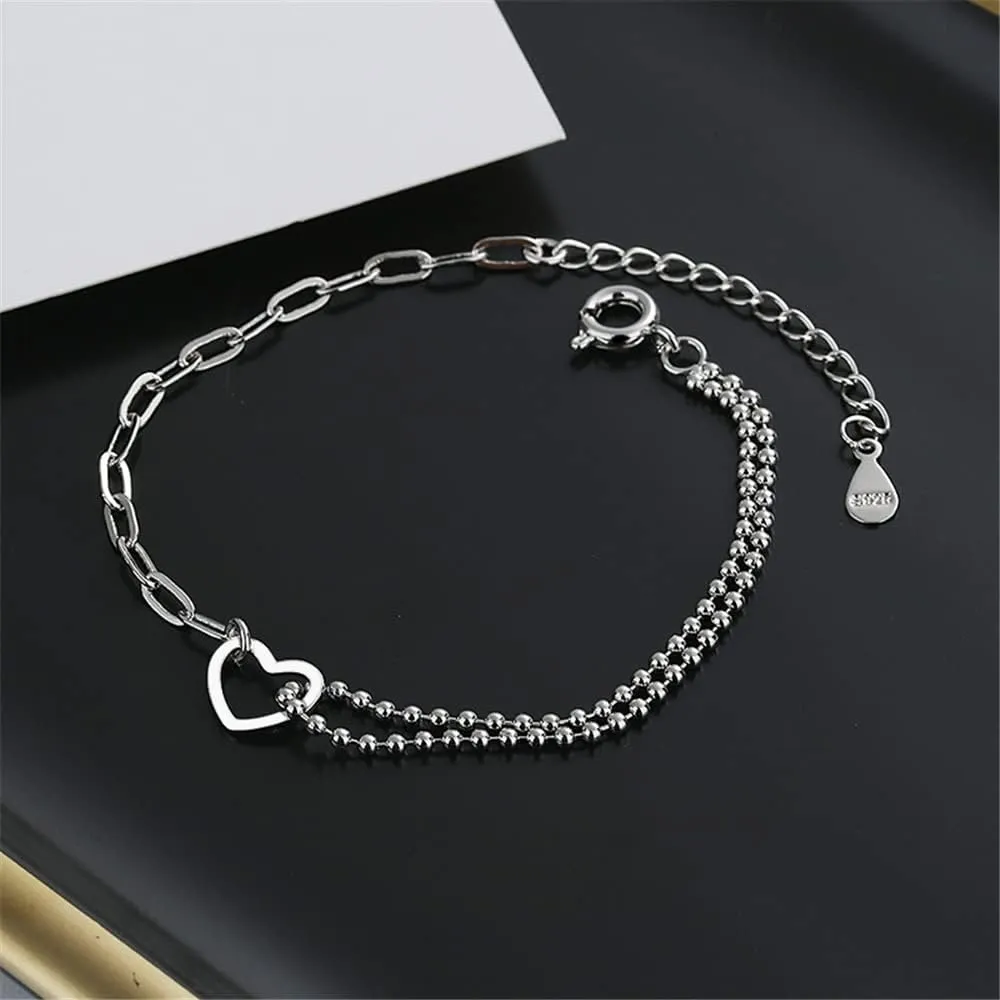 925 Sterling Silver Bracelet for Women, Love Heart Chain Bracelet Bangle, Womens Link Bracelets