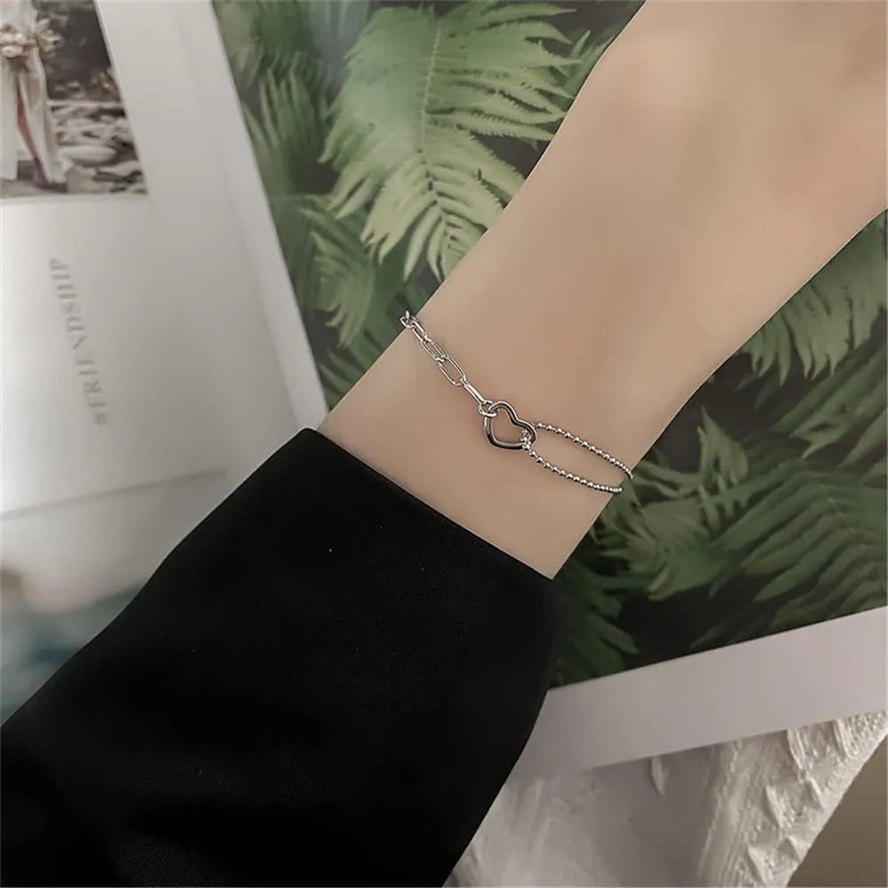 925 Sterling Silver Bracelet for Women, Love Heart Chain Bracelet Bangle, Womens Link Bracelets
