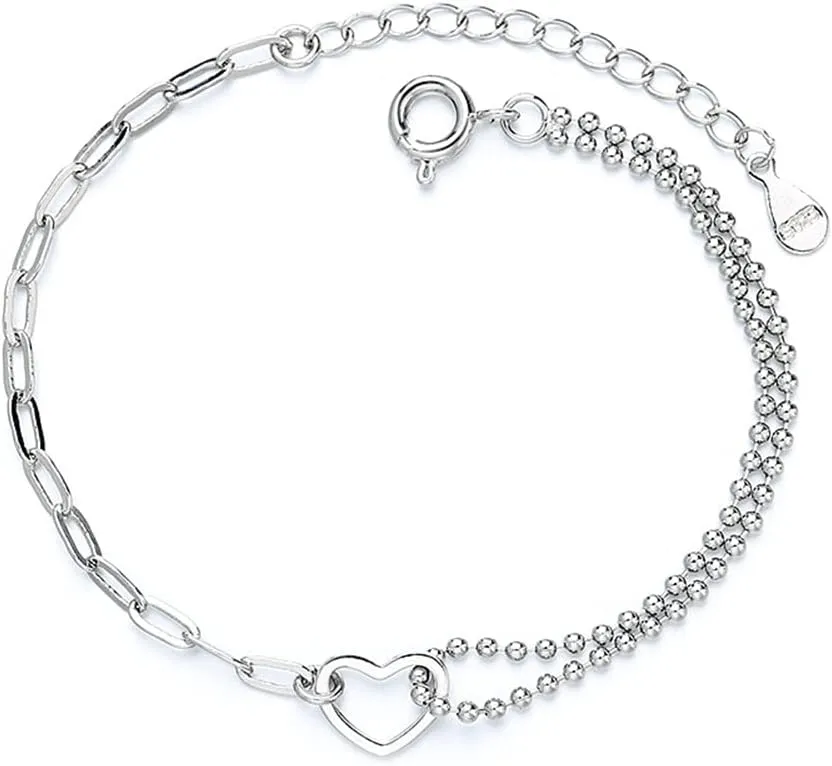 925 Sterling Silver Bracelet for Women, Love Heart Chain Bracelet Bangle, Womens Link Bracelets