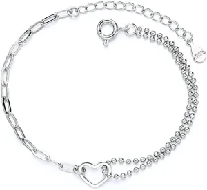 925 Sterling Silver Bracelet for Women, Love Heart Chain Bracelet Bangle, Womens Link Bracelets