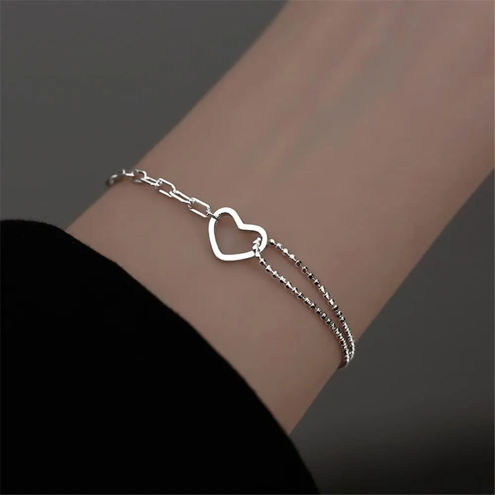 925 Sterling Silver Bracelet for Women, Love Heart Chain Bracelet Bangle, Womens Link Bracelets