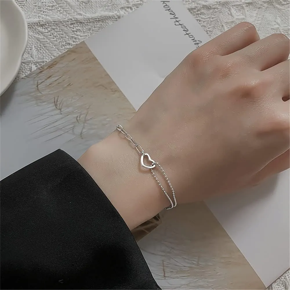 925 Sterling Silver Bracelet for Women, Love Heart Chain Bracelet Bangle, Womens Link Bracelets
