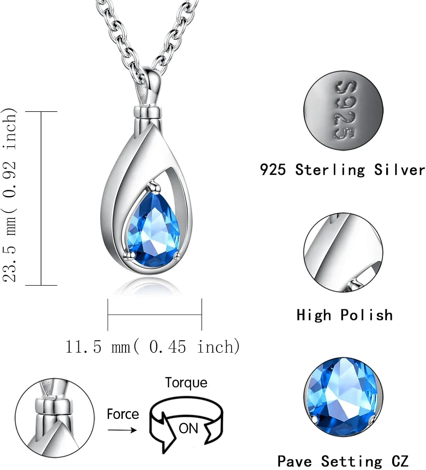 925 Sterling Silver Cremation Jewelry Memorial CZ Teardrop Ashes Keepsake Urns Pendant Necklace for urn Necklaces Ashes Jewelry Gifts