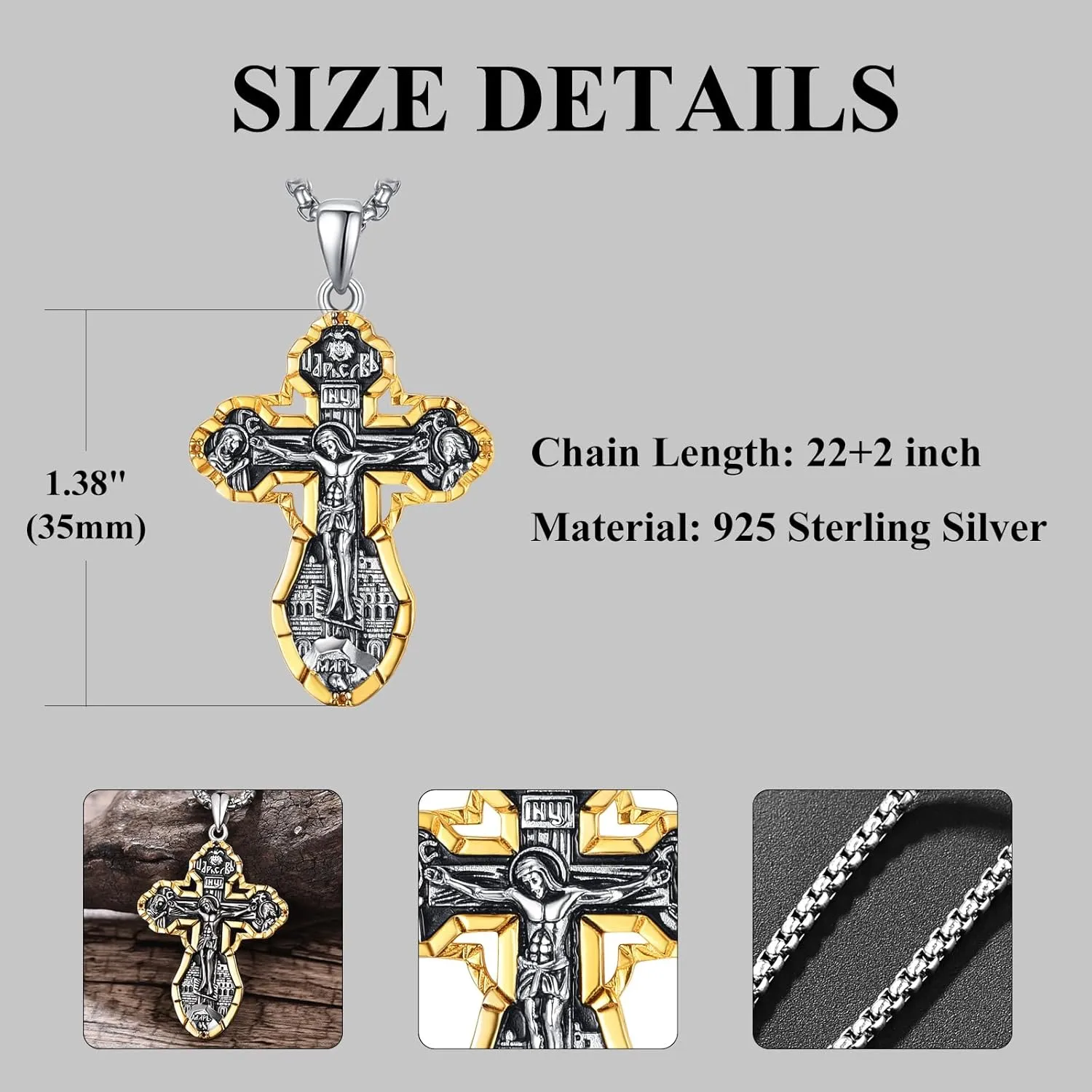 925 Sterling Silver Cross Crucifix Jesus Christ INRI Pendant Necklace for Men Women Medal Christian Religious Necklaces for Mens