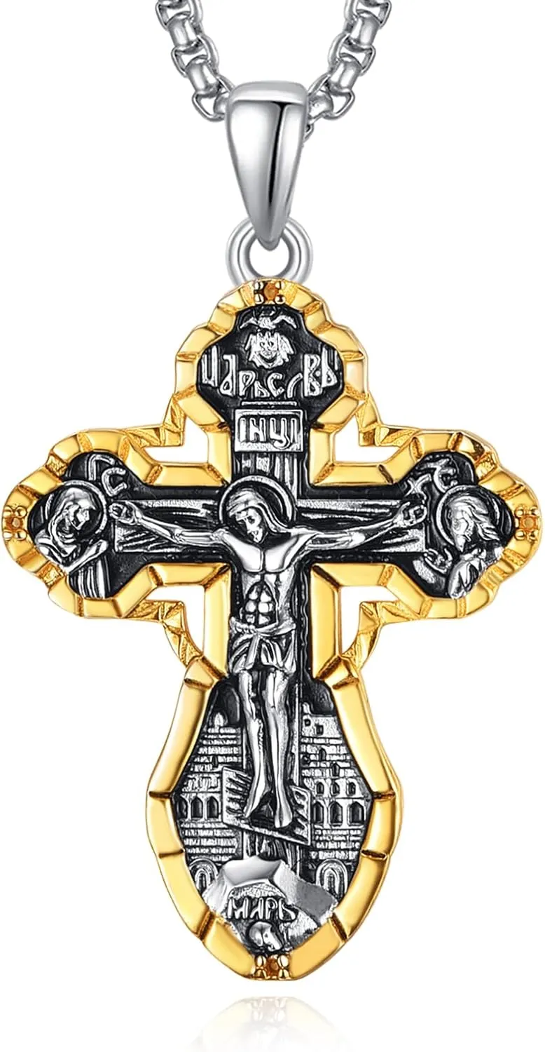 925 Sterling Silver Cross Crucifix Jesus Christ INRI Pendant Necklace for Men Women Medal Christian Religious Necklaces for Mens