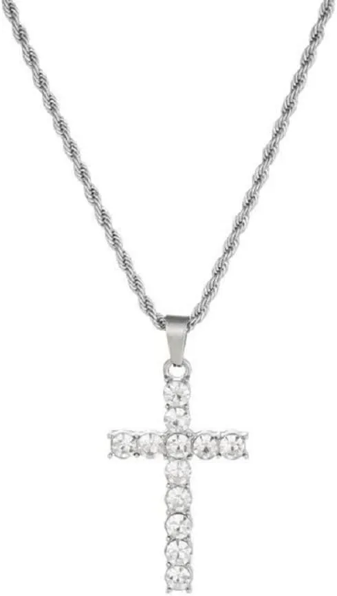 925 Sterling Silver Cubic zirconia Cross Necklace Men's and women's tide brand diamond ins hip Hop necklace (20 inch)
