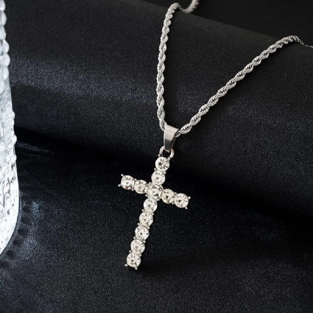 925 Sterling Silver Cubic zirconia Cross Necklace Men's and women's tide brand diamond ins hip Hop necklace (20 inch)