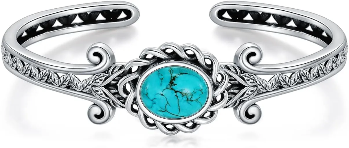 925 Sterling Silver Genuine Leaf Turquoise Bracelet Cuff for Women Adjustable Boho Style Native American Bangle Jewelry 6.5 7 7.5 Inch