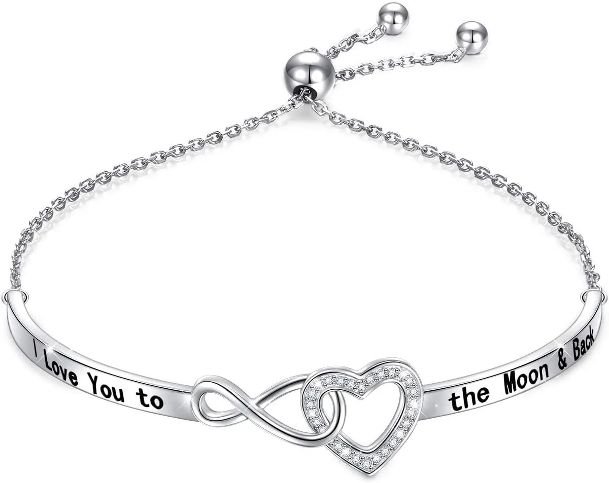 925 Sterling Silver Heart Infinity Inspirational Bracelet Engraved Always My Sister/Daughter, Forever My Friend Adjustable Sisters Bracelets Friendship Jewelry for Women