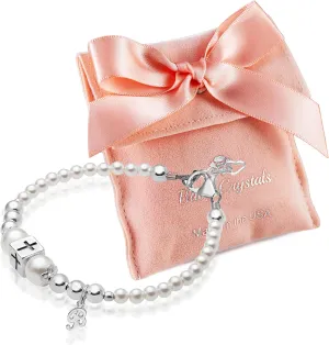 925 Sterling Silver Initial Bracelet, White Pearl Charm Bracelet with Letter Charms, Baby jewelry, Baptism Gifts for Girl or Boy, Birthday Gifts, Bracelets for Girls
