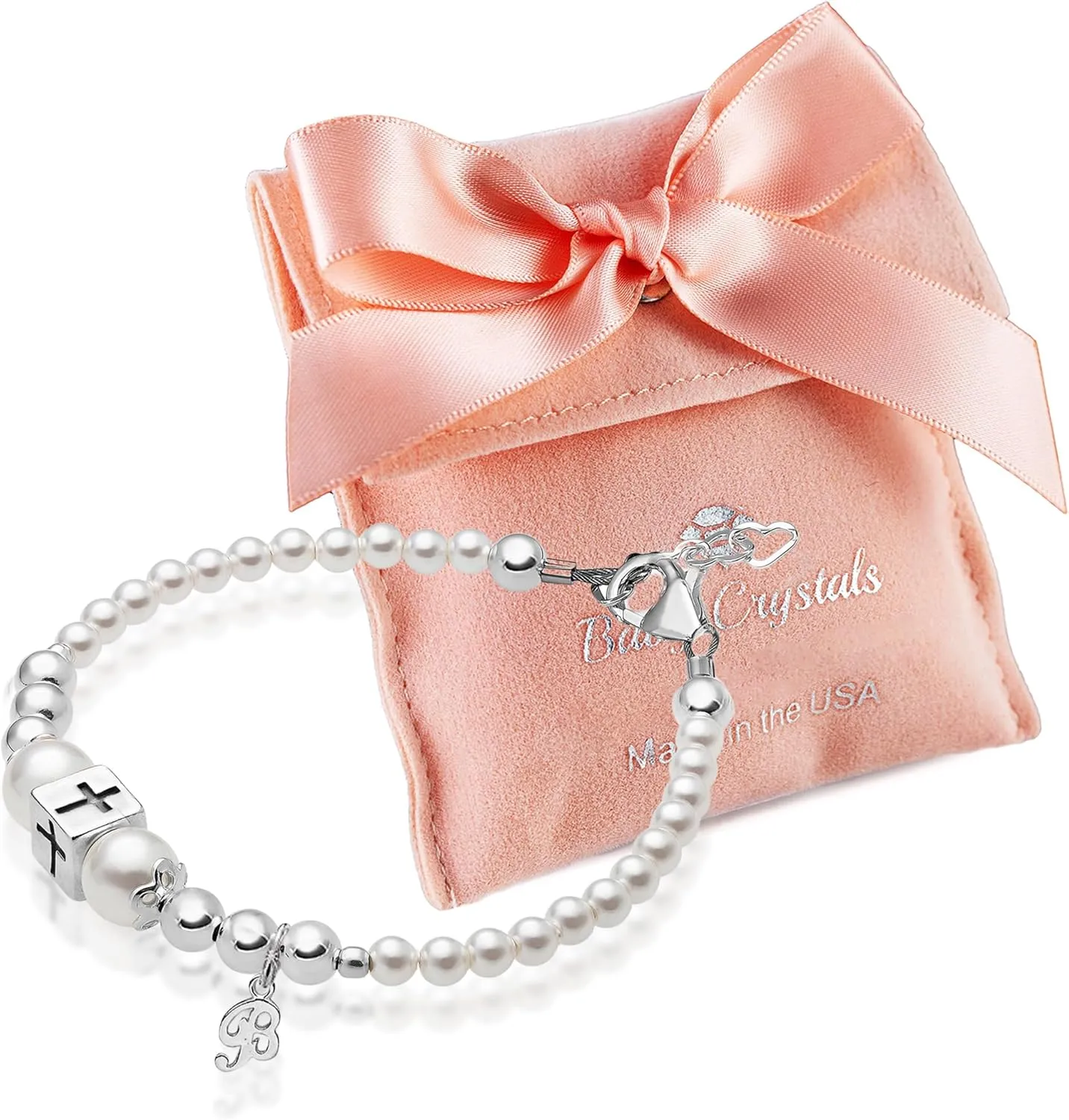 925 Sterling Silver Initial Bracelet, White Pearl Charm Bracelet with Letter Charms, Baby jewelry, Baptism Gifts for Girl or Boy, Birthday Gifts, Bracelets for Girls