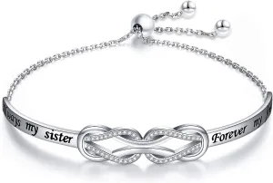 925 Sterling Silver Knot Inspirational Bracelet Engraved Always My Sister/Mother, Forever My Friend Adjustable Sister/Mother Bracelets Friendship Jewelry for Women