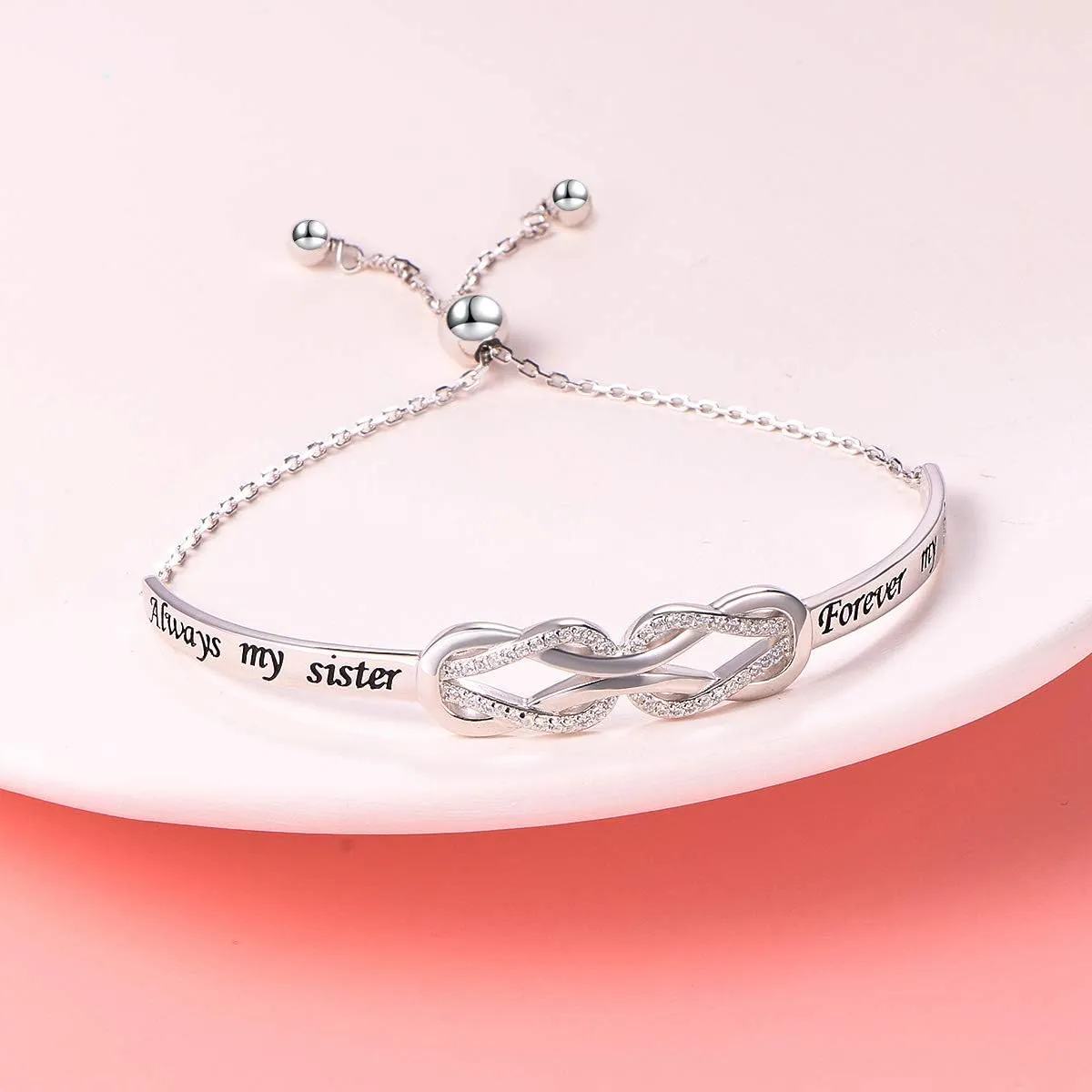925 Sterling Silver Knot Inspirational Bracelet Engraved Always My Sister/Mother, Forever My Friend Adjustable Sister/Mother Bracelets Friendship Jewelry for Women