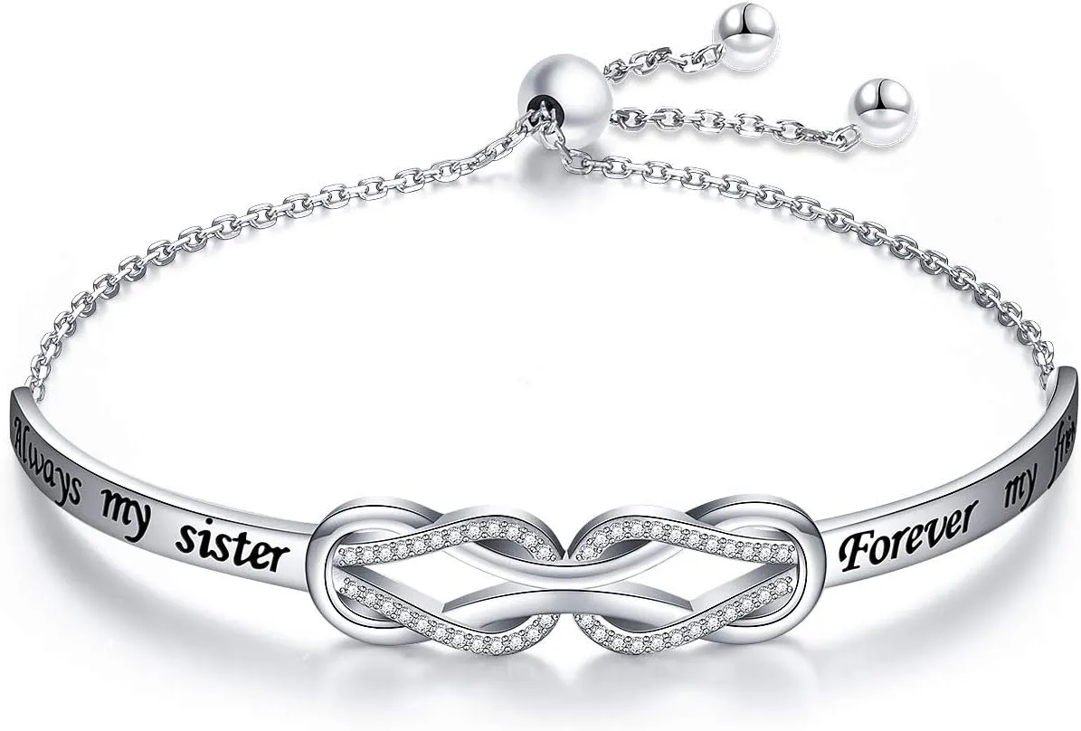 925 Sterling Silver Knot Inspirational Bracelet Engraved Always My Sister/Mother, Forever My Friend Adjustable Sister/Mother Bracelets Friendship Jewelry for Women