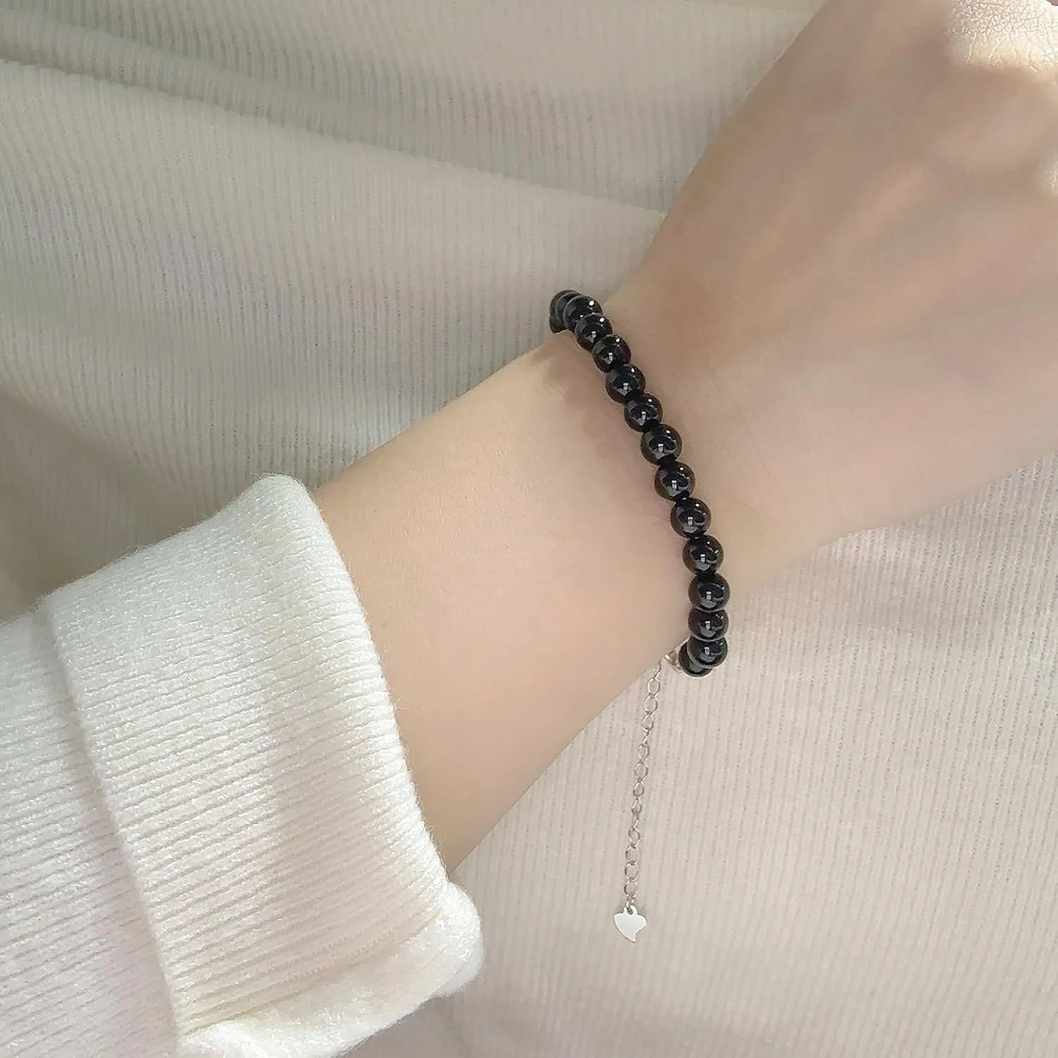 925 Sterling Silver Natural Black Onyx 6MM Round Beads Bracelet for Women
