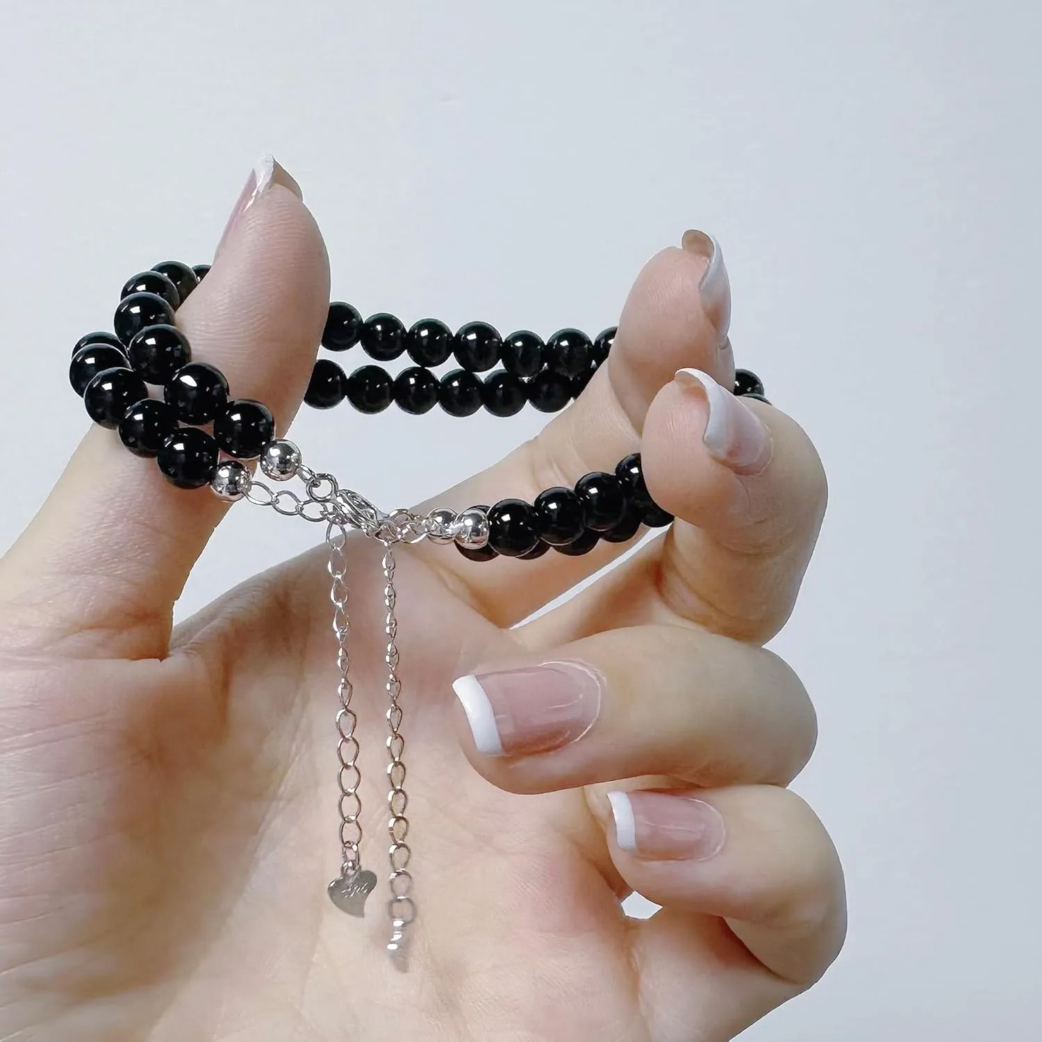 925 Sterling Silver Natural Black Onyx 6MM Round Beads Bracelet for Women