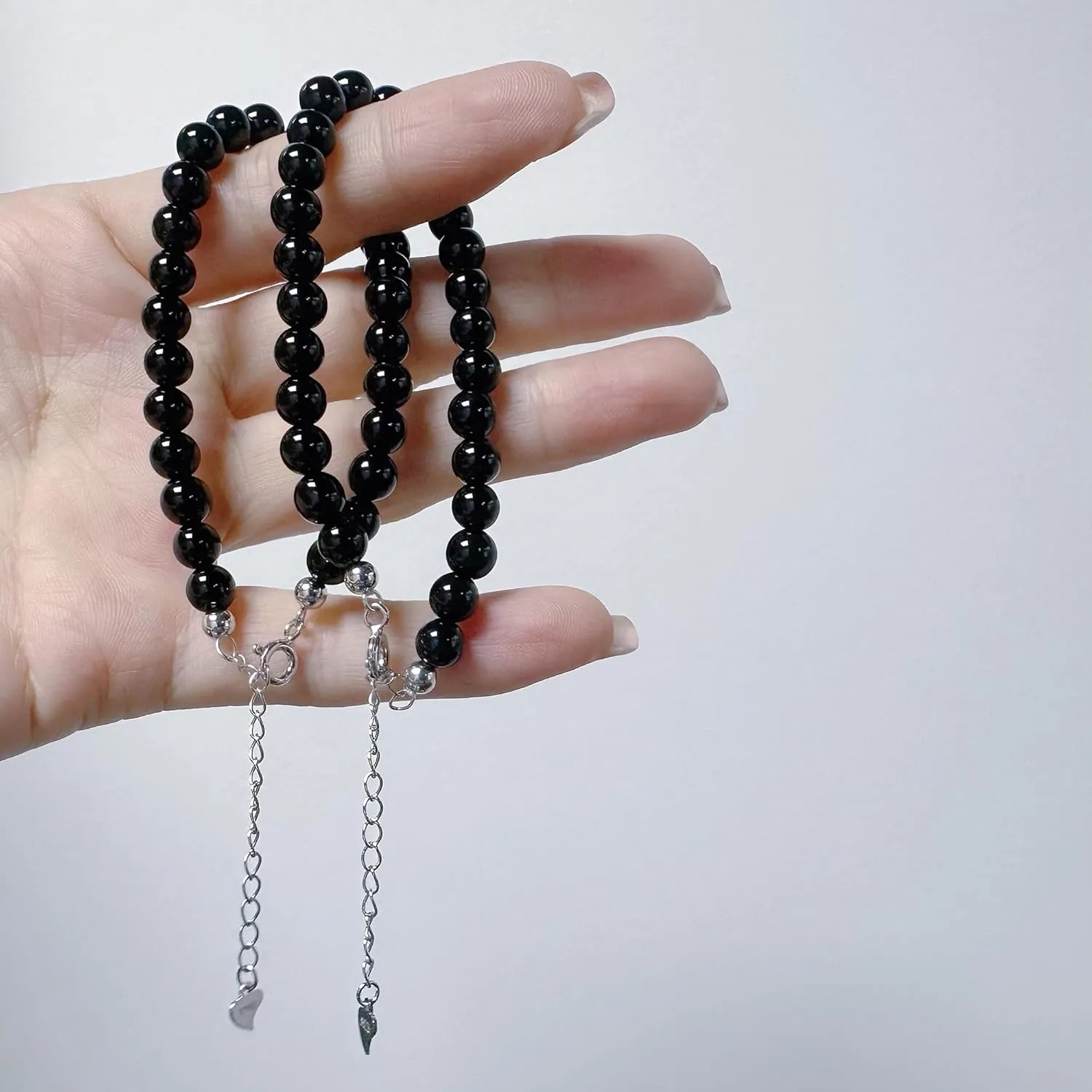 925 Sterling Silver Natural Black Onyx 6MM Round Beads Bracelet for Women