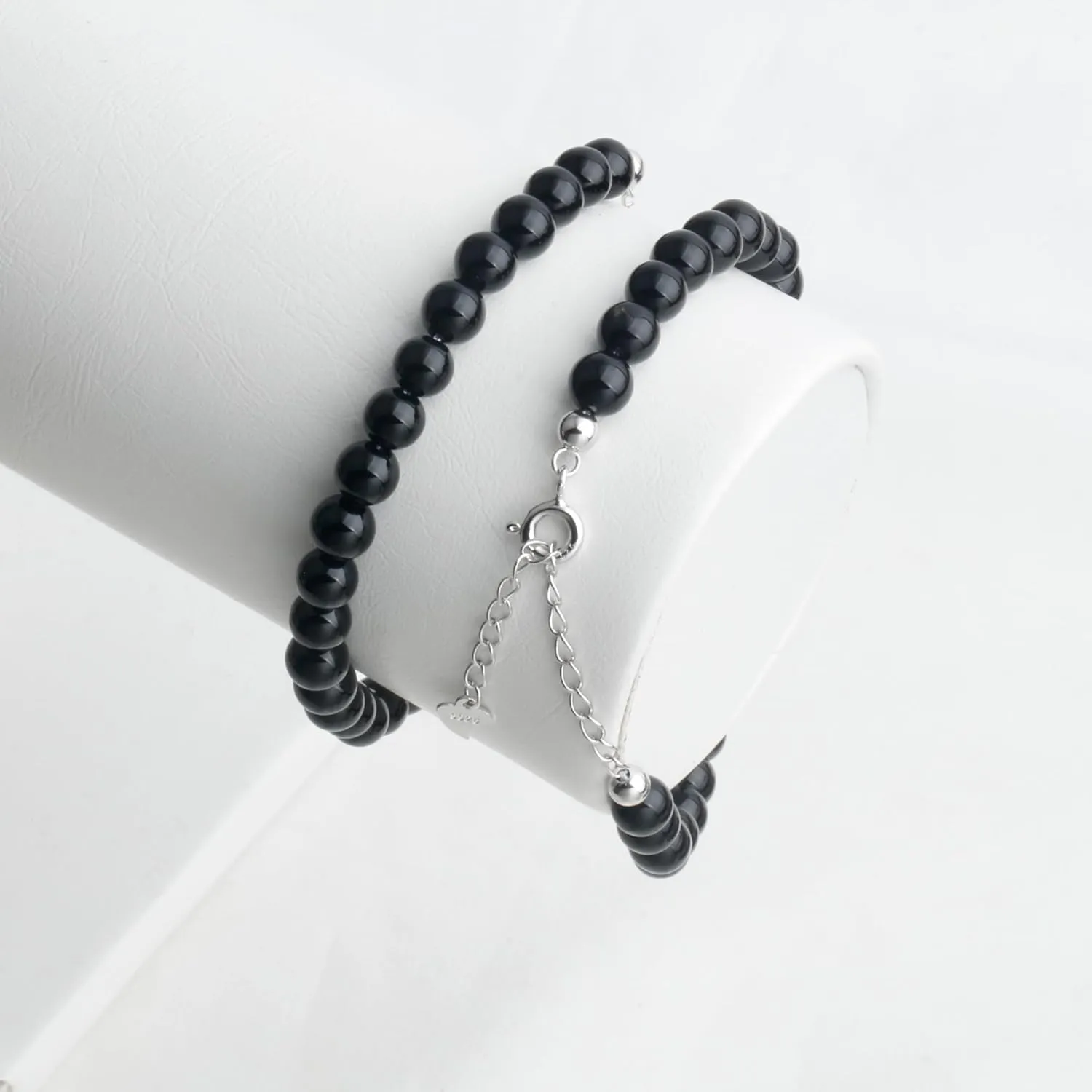 925 Sterling Silver Natural Black Onyx 6MM Round Beads Bracelet for Women