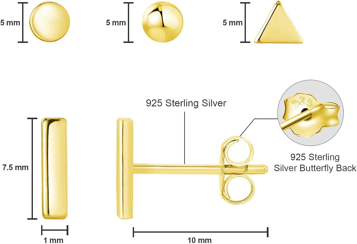 925 Sterling Silver Stud Earrings for Women, 4 Pairs 14K White Gold Plated Hypoallergenic Small Silver Stud Earrings Set for Women Men