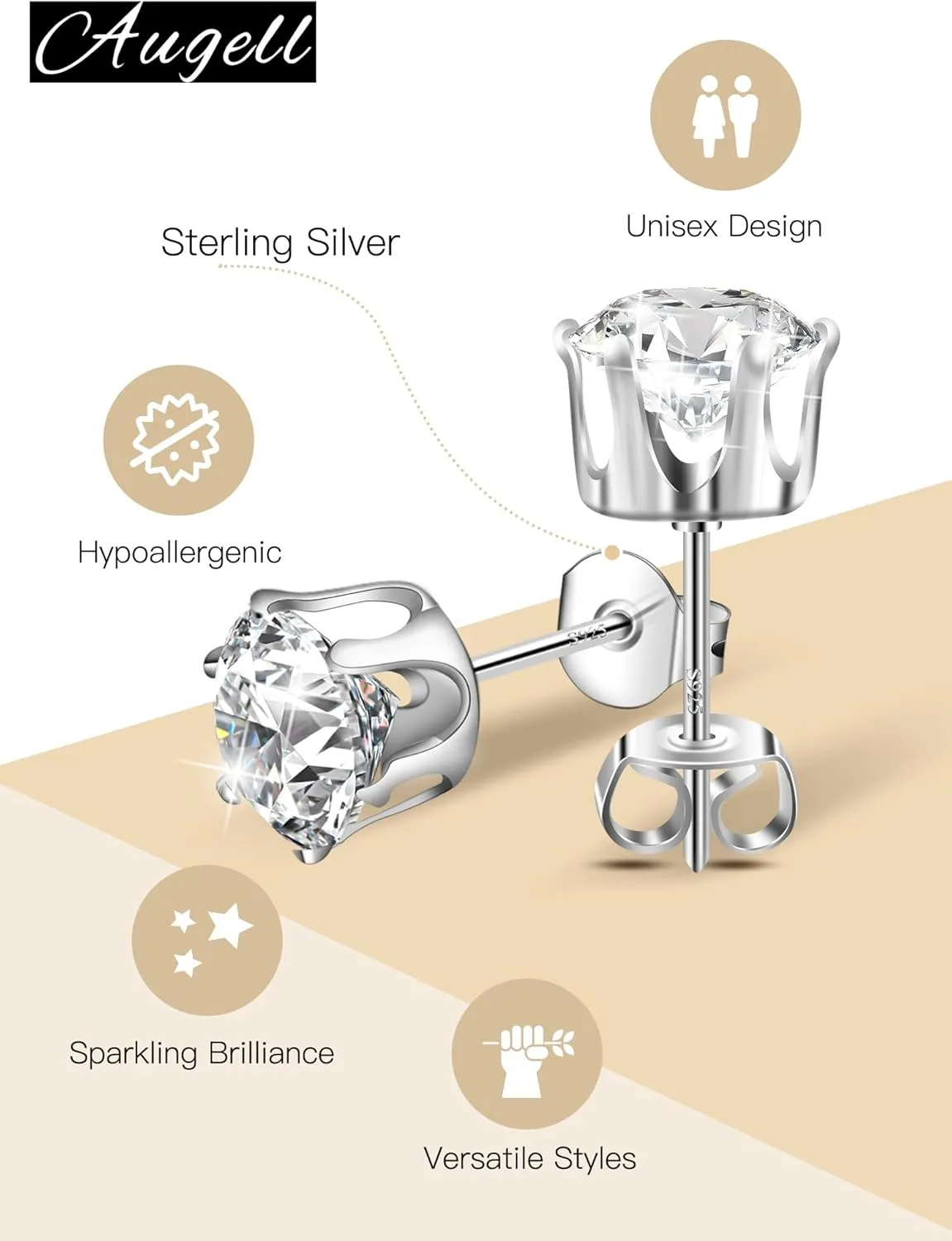 925 Sterling Silver Stud Earrings Set of 5 Pairs Hypoallergenic 18K Gold Cubic Zirconia Earrings for Women Men Sparkling Fancy Gift