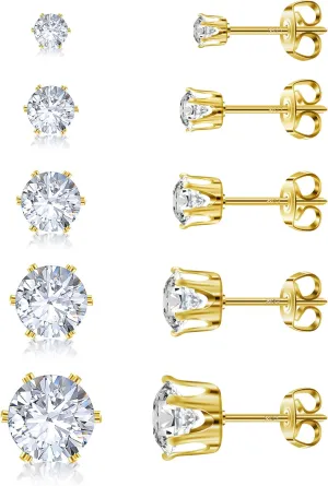 925 Sterling Silver Stud Earrings Set of 5 Pairs Hypoallergenic 18K Gold Cubic Zirconia Earrings for Women Men Sparkling Fancy Gift