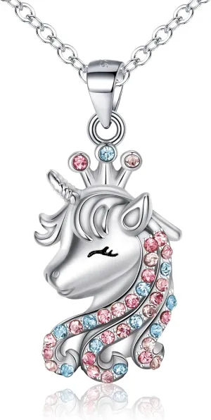 925 Sterling Silver Unicorn Necklace CZ Crown Unicorns Pendant Necklaces Christmas Jewelry Gifts Birthday Gift for Daughter Granddaughter