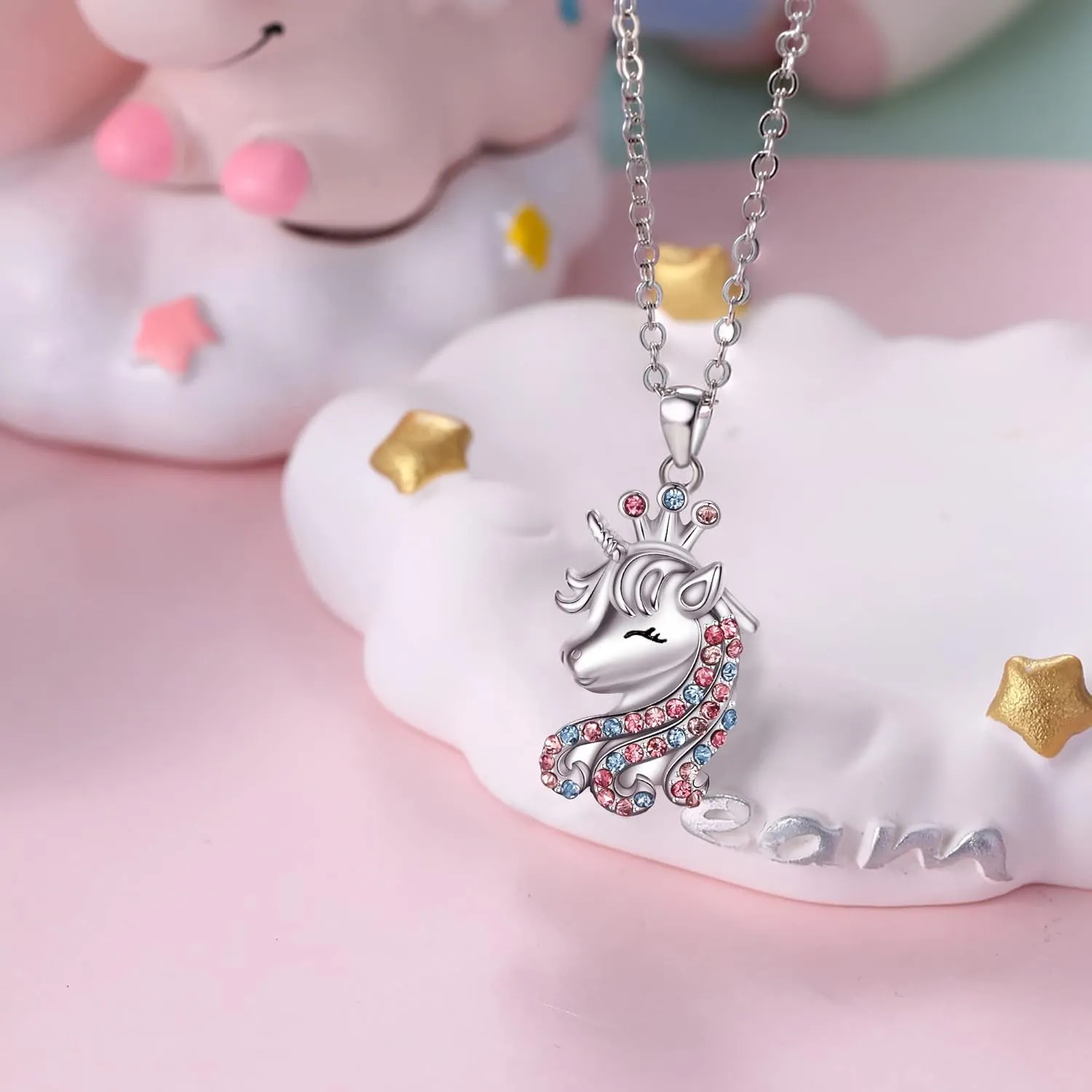 925 Sterling Silver Unicorn Necklace CZ Crown Unicorns Pendant Necklaces Christmas Jewelry Gifts Birthday Gift for Daughter Granddaughter
