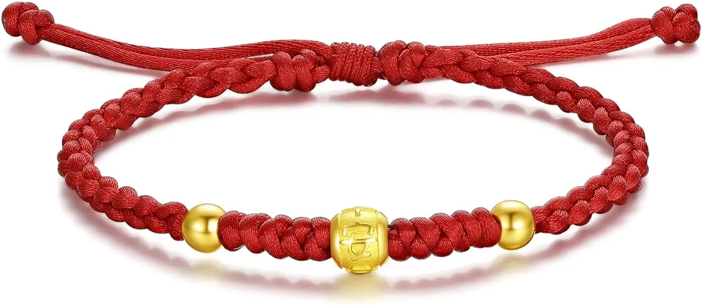 999 24K Solid Gold Bracelets for Women, Real Pure Gold Adjustable Friendship Gold Bead Bracelet Red Braided Bracelet for Women Men Mom Girlfriend