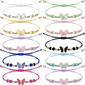 9Pieces Crystal Rhinestone Beads Butterfly Bracelets Adjustable String Cute Butterfly Charm Woven Friendship Bracelet for Women Fairy Party Favor