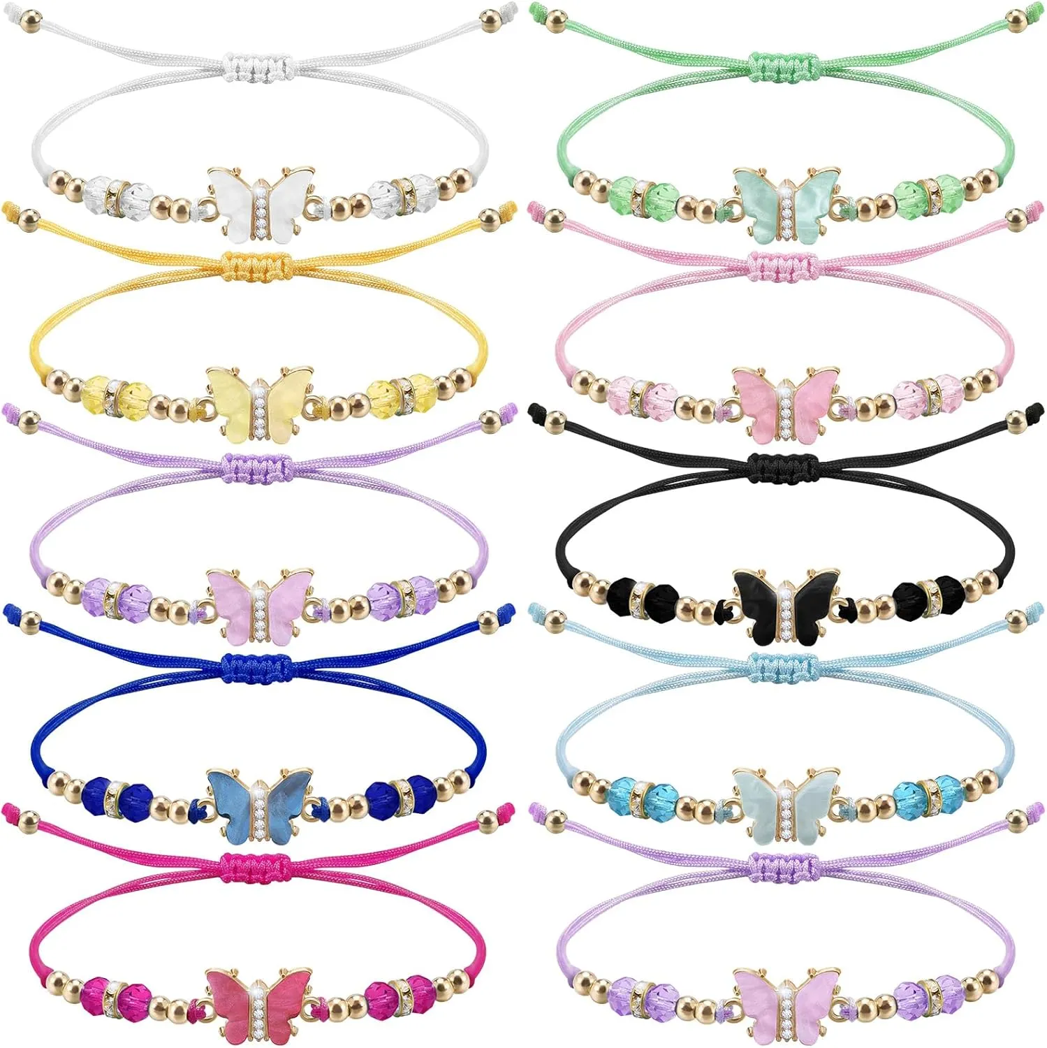 9Pieces Crystal Rhinestone Beads Butterfly Bracelets Adjustable String Cute Butterfly Charm Woven Friendship Bracelet for Women Fairy Party Favor