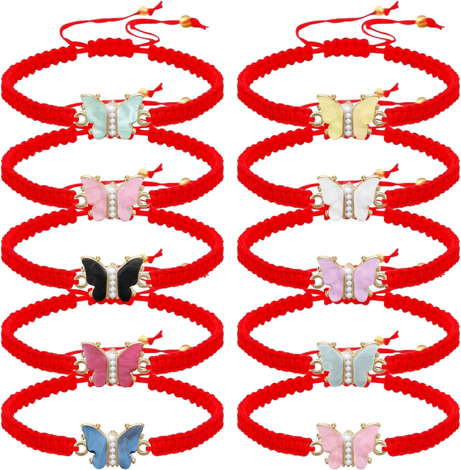 9Pieces Crystal Rhinestone Beads Butterfly Bracelets Adjustable String Cute Butterfly Charm Woven Friendship Bracelet for Women Fairy Party Favor