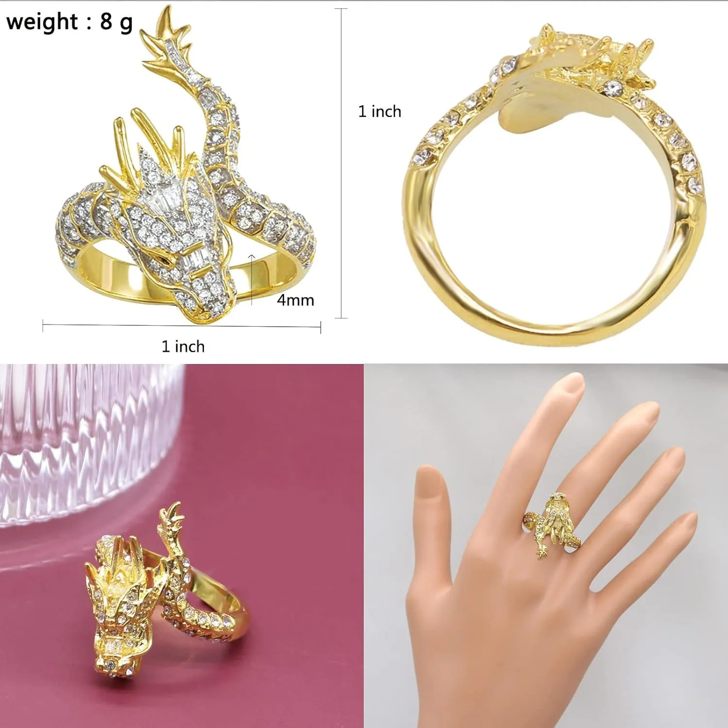 ABJFJE Dragon Crysrtal Ring Anniversary Eternity Band Rhinestone Ring Crystal Wedding Cocktail Rings Fashion Luxury Jewelry for Women Gold Plated