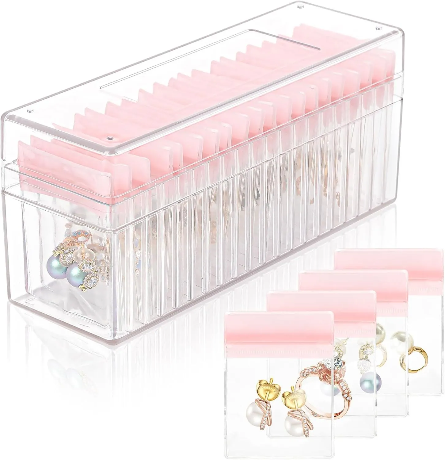 Acrylic Jewelry Box Organizer, Jewelry Organizers And Storage with 20 Portable Anti Tarnish Jewelry bags, Clear Jewelry Organizer Holder for Earrings/Rings/Necklaces Gift for Women Girls (Pink)