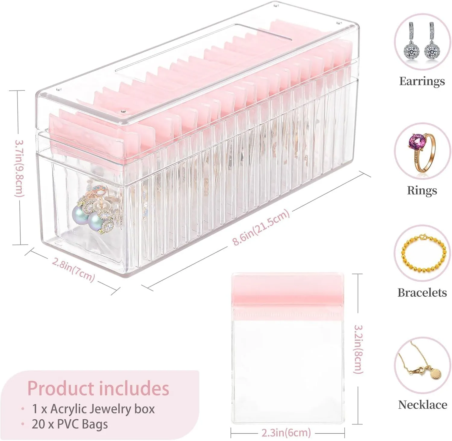 Acrylic Jewelry Box Organizer, Jewelry Organizers And Storage with 20 Portable Anti Tarnish Jewelry bags, Clear Jewelry Organizer Holder for Earrings/Rings/Necklaces Gift for Women Girls (Pink)