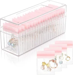 Acrylic Jewelry Box Organizer, Jewelry Organizers And Storage with 20 Portable Anti Tarnish Jewelry bags, Clear Jewelry Organizer Holder for Earrings/Rings/Necklaces Gift for Women Girls (Pink)