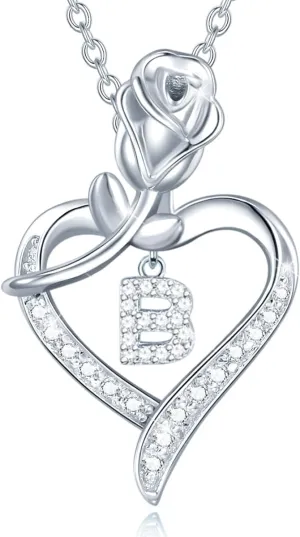 AGVANA Sterling Silver Initial Necklaces for Her Rose Flower Heart Letter B Pendant Initial Necklace Jewelry Anniversary Birthday Gifts for Women Mom Wife