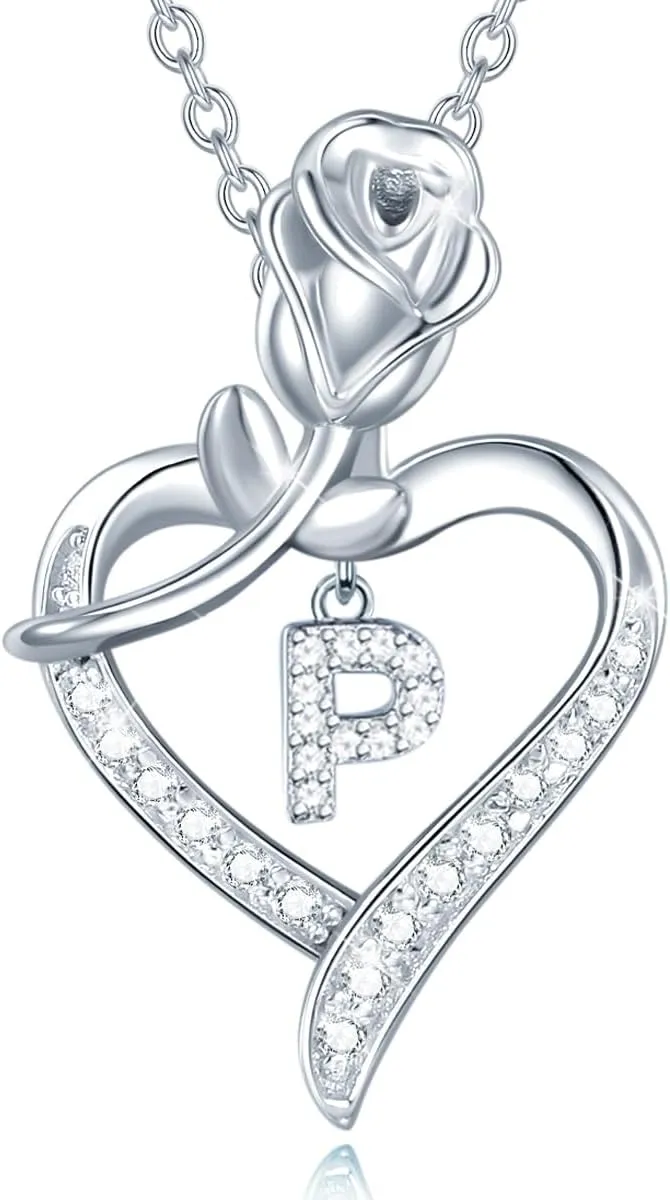 AGVANA Sterling Silver Initial Necklaces for Women Rose Flower Heart Letter Pendant Necklace Anniversary Birthday Gifts for Women Wife Mom Her