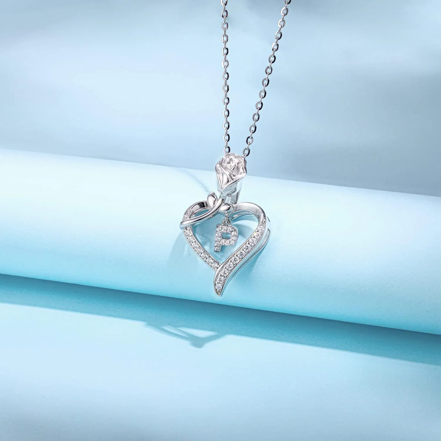AGVANA Sterling Silver Initial Necklaces for Women Rose Flower Heart Letter Pendant Necklace Anniversary Birthday Gifts for Women Wife Mom Her