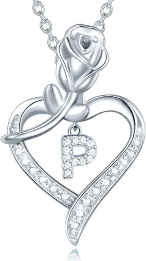 AGVANA Sterling Silver Initial Necklaces for Women Rose Flower Heart Letter Pendant Necklace Anniversary Birthday Gifts for Women Wife Mom Her