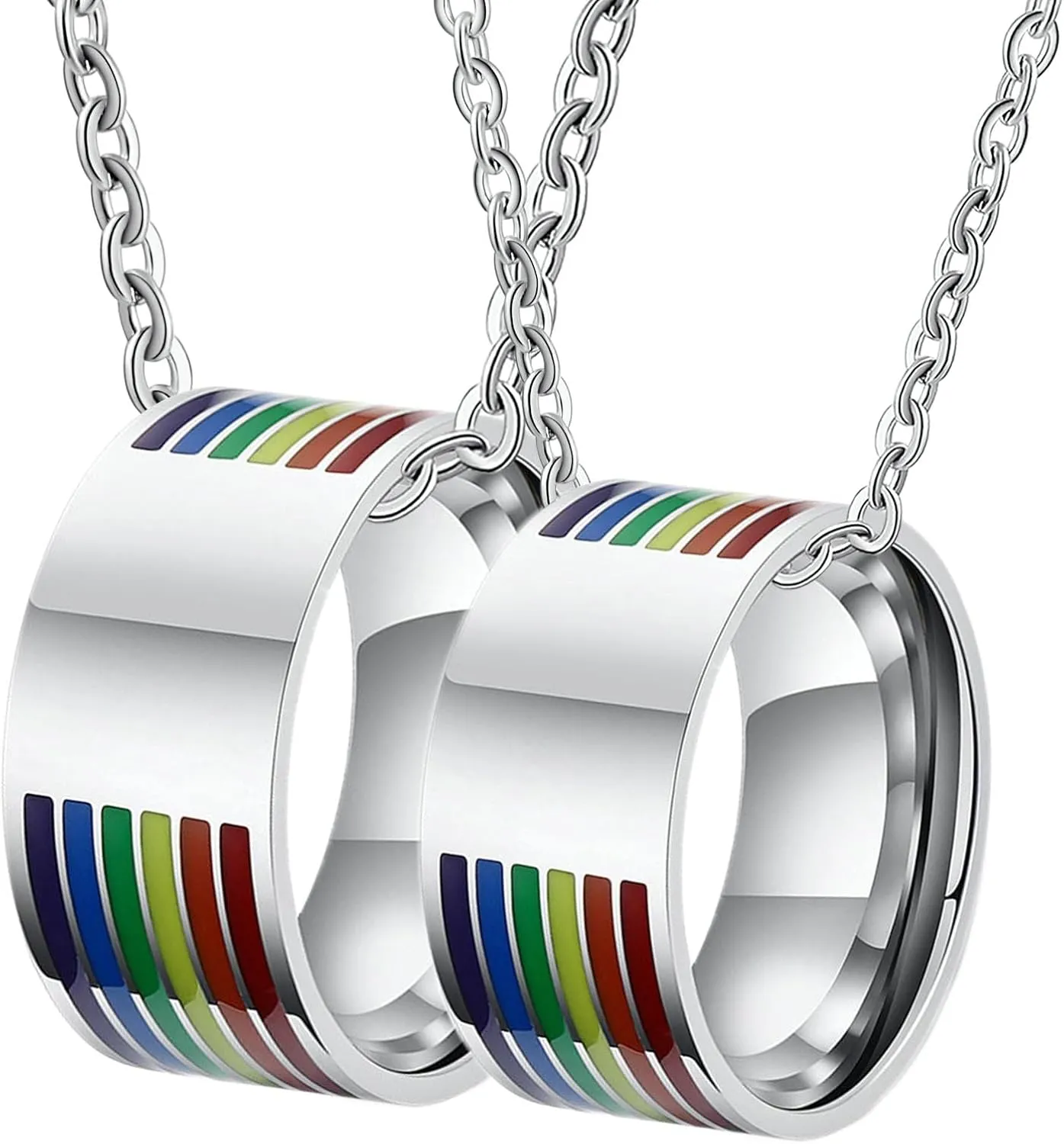 Aienid Custom Name Necklace for Couples, Promise Rings for Her Stainless Steel Silver LGBT Ring with Rainbow Enamel 10MM His and Hers Necklaces for Couples