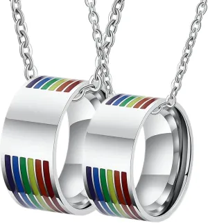 Aienid Custom Name Necklace for Couples, Promise Rings for Her Stainless Steel Silver LGBT Ring with Rainbow Enamel 10MM His and Hers Necklaces for Couples