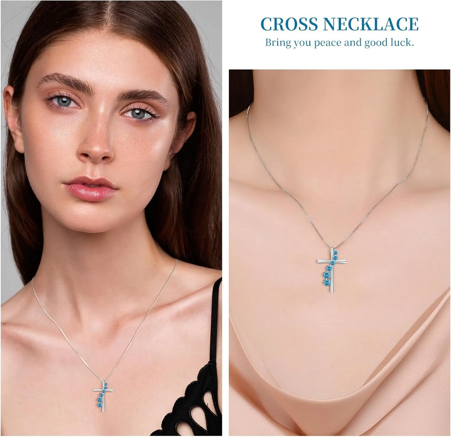 AINUOSHI Cross Necklace for Women, 925 Sterling Silver Birthstone Necklaces, Journey Pedant Necklace with 14K White Gold Plating, Christmas Birthday Gifts Jewelry Box Packed