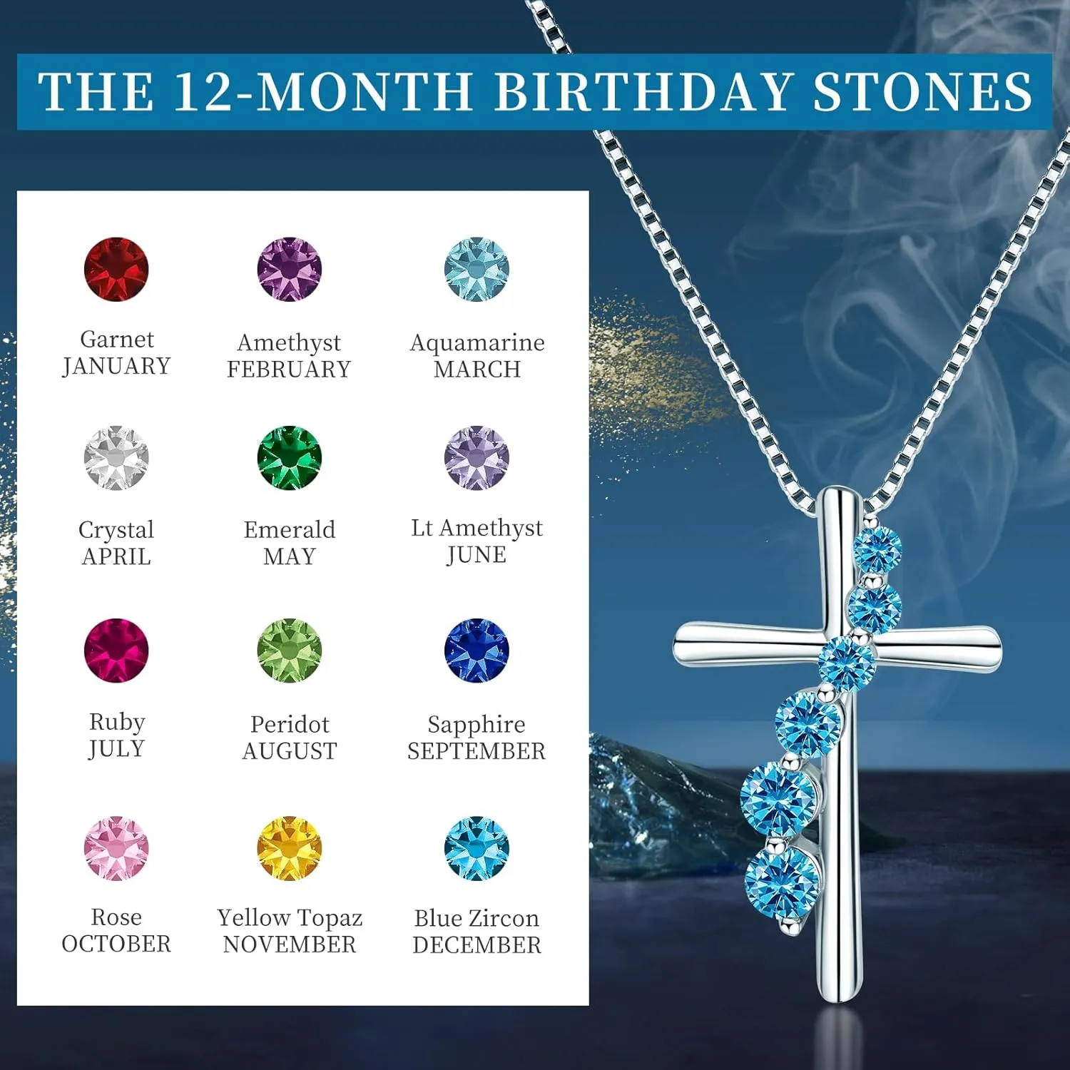 AINUOSHI Cross Necklace for Women, 925 Sterling Silver Birthstone Necklaces, Journey Pedant Necklace with 14K White Gold Plating, Christmas Birthday Gifts Jewelry Box Packed