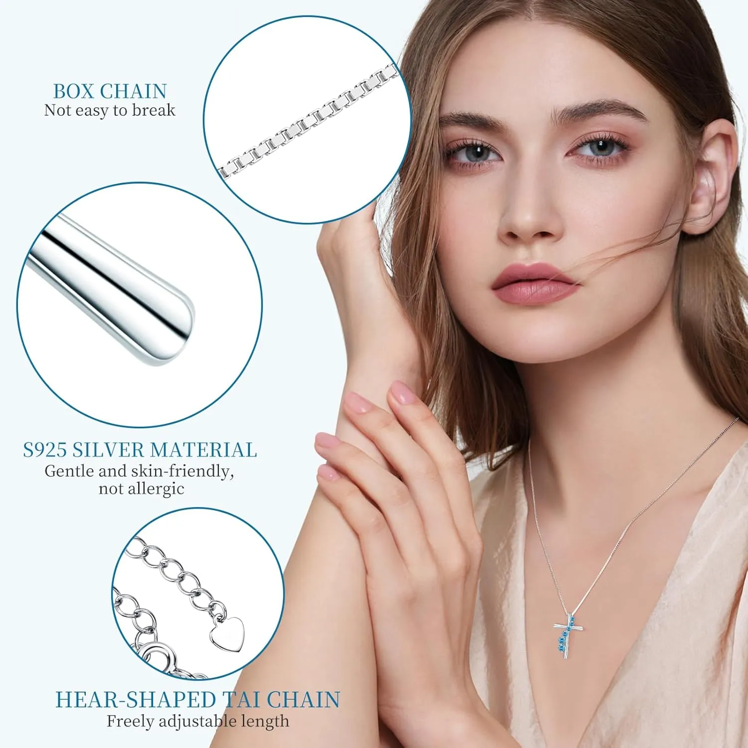 AINUOSHI Cross Necklace for Women, 925 Sterling Silver Birthstone Necklaces, Journey Pedant Necklace with 14K White Gold Plating, Christmas Birthday Gifts Jewelry Box Packed