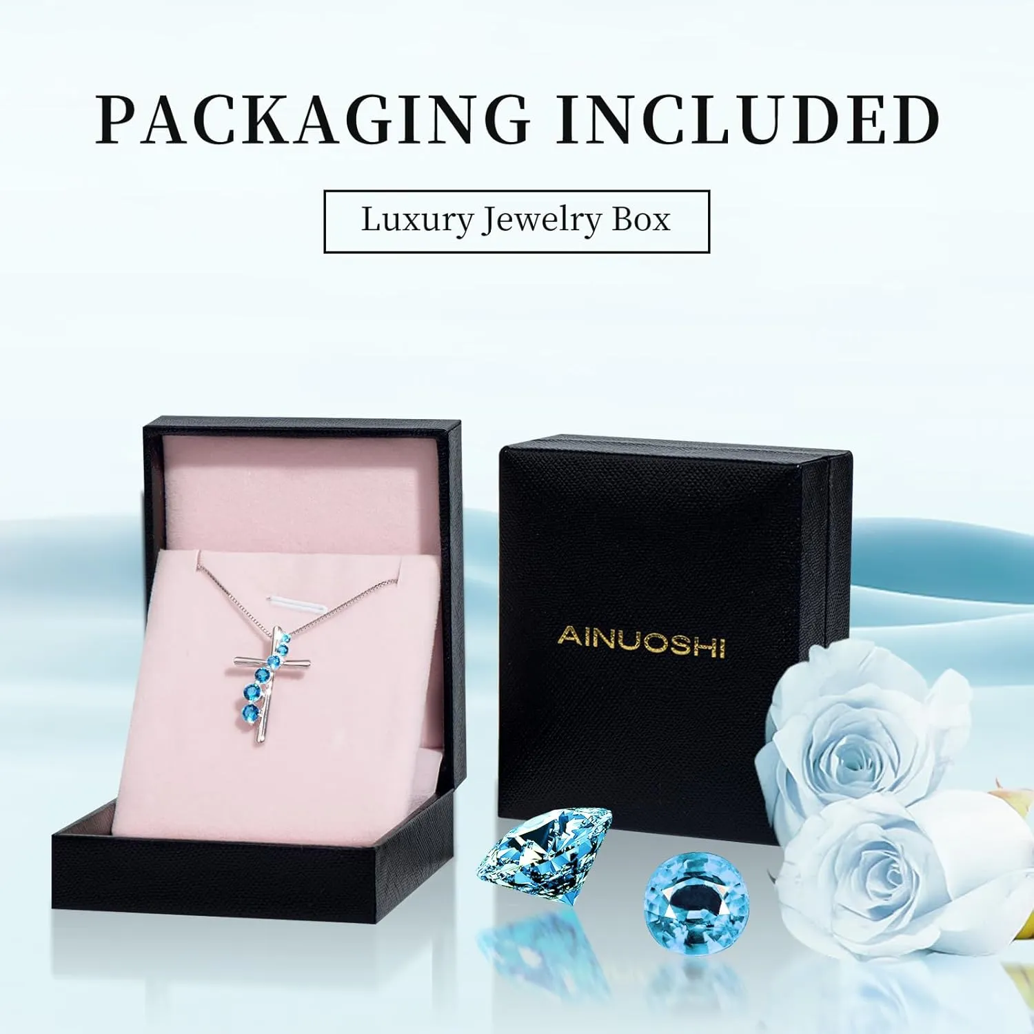 AINUOSHI Cross Necklace for Women, 925 Sterling Silver Birthstone Necklaces, Journey Pedant Necklace with 14K White Gold Plating, Christmas Birthday Gifts Jewelry Box Packed