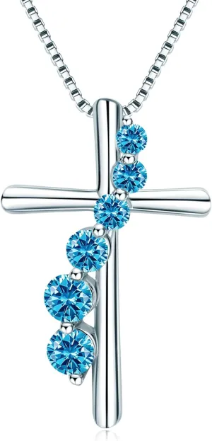 AINUOSHI Cross Necklace for Women, 925 Sterling Silver Birthstone Necklaces, Journey Pedant Necklace with 14K White Gold Plating, Christmas Birthday Gifts Jewelry Box Packed