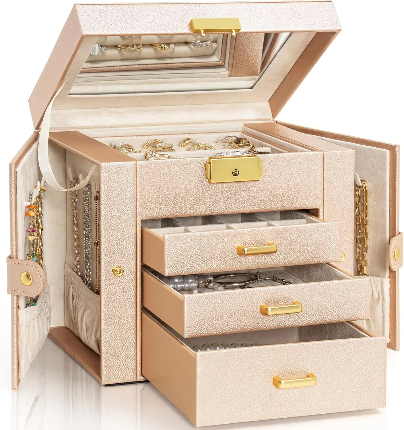 AKOZLIN 4-Tier Jewelry Box Leather Jewelry Storage Organizer with 3 Drawers Lockable for Women Girls Ring Necklace Earring Bracelet Watches Holder with Mirror Champagne