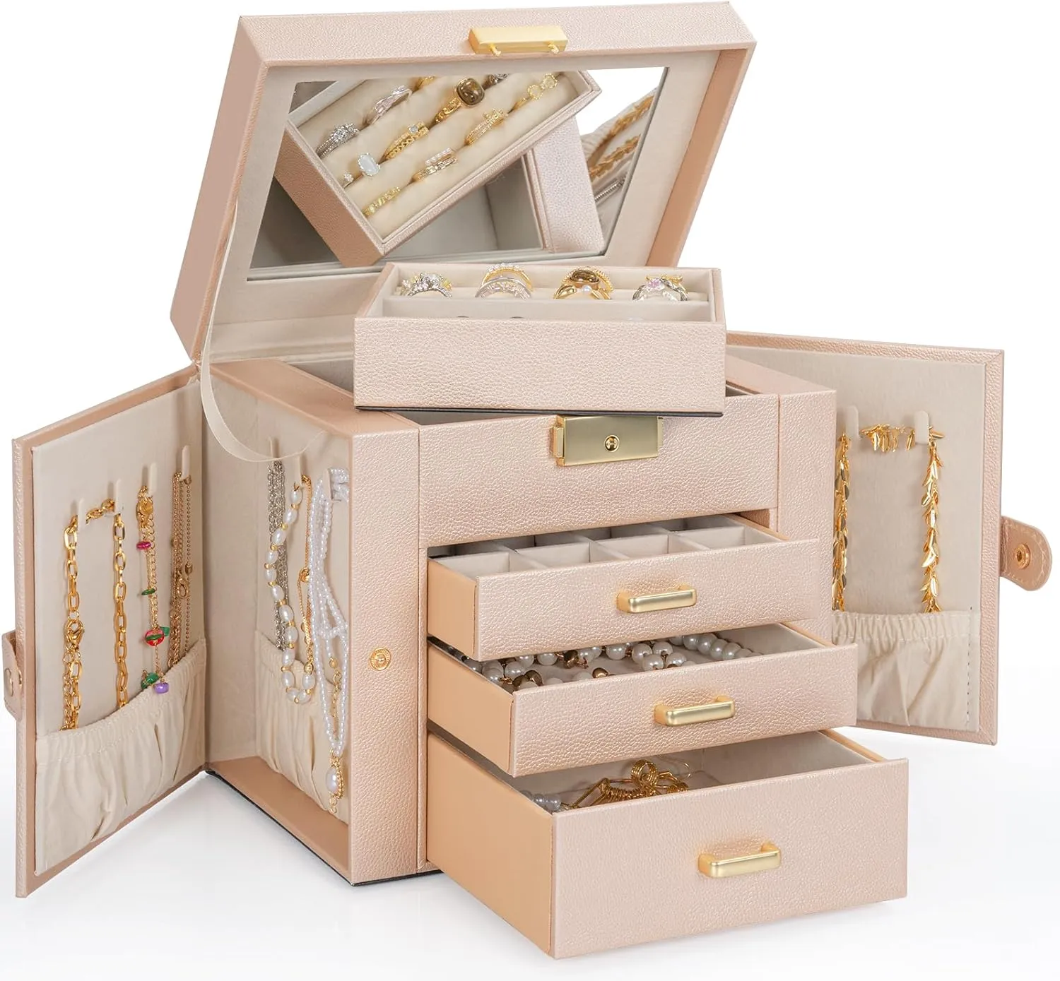 AKOZLIN 4-Tier Jewelry Box Leather Jewelry Storage Organizer with 3 Drawers Lockable for Women Girls Ring Necklace Earring Bracelet Watches Holder with Mirror Champagne
