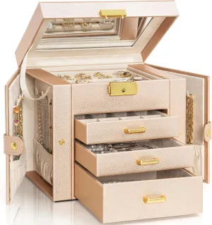 AKOZLIN 4-Tier Jewelry Box Leather Jewelry Storage Organizer with 3 Drawers Lockable for Women Girls Ring Necklace Earring Bracelet Watches Holder with Mirror Champagne
